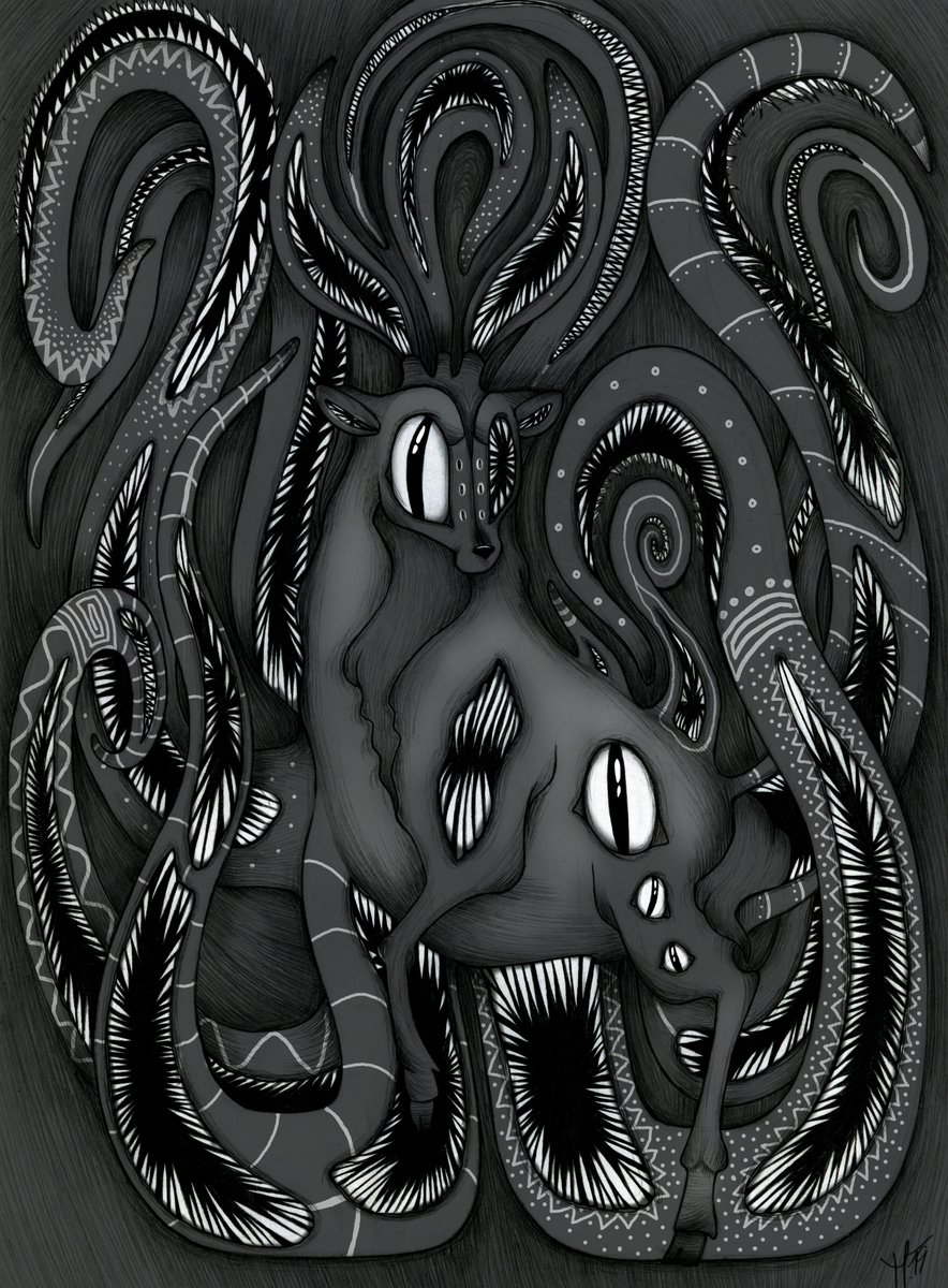 HypNoArtWork's tweet photo. This is my special Alebrian creature I made for https://t.co/hiLkcxn8aT
Its deer mixed with leeches. Deer morphing into leeches exactly. Scary. Leeches are evil. I dont like them. . #characterdesign #deer #monster https://t.co/zdr72Jam0f https://t.co/my33PA1Y96