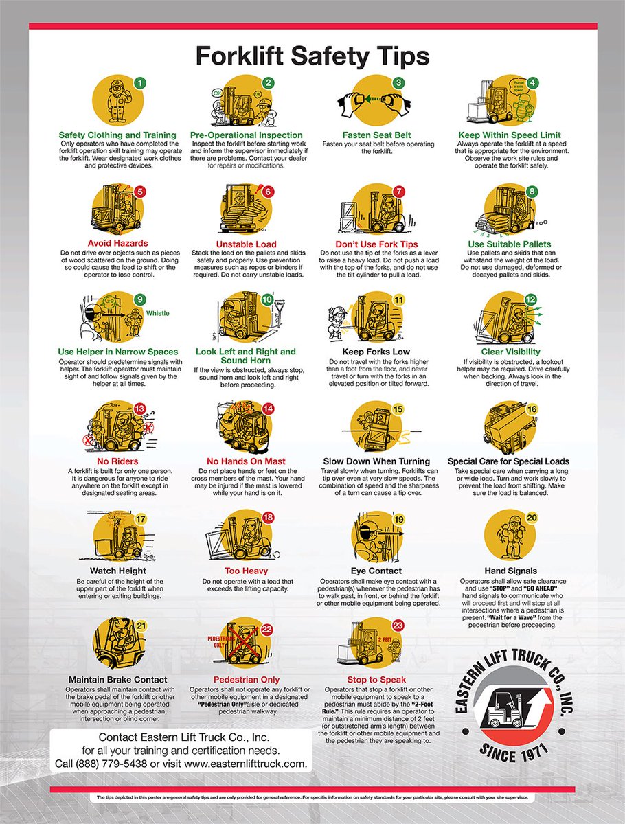 ELTCustomerSrvc's tweet photo. 2019 National Forklift Safety Day is June 11th. Need assistance with operator training? Call our Training Department at (888) 779-5438 and ask for Laurie Delp. We also have free safety posters available for our customers.
#EasternLift is #SafetyFocused #2019NFSD https://t.co/72xpuS8Y3j