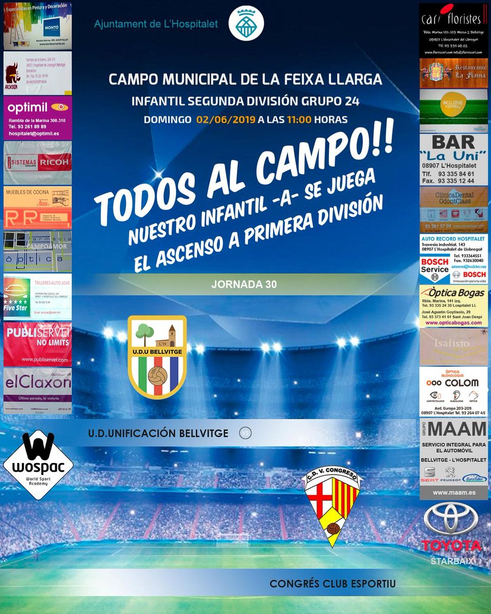 UniBellvitge's tweet photo. TODOS AL CAMPO
TOTHOM A CAMP
FEIXA LLARGA
Domingo, 2/6 - 11 h.
🏆Jornada 30
👉 INFANTIL "A"
🔆Gr.24 #2Inf24
🏡 U.D.UNIFICACIÓN BELLVITGE (@UniBellvitge 'A')
🆚 (@cecongres) C.E. CONGRÉS
en el 🏟️ CAMP. MPAL. FEIXA LLARGA
🗓 Domingo 2/6/2019
⏰ 11:00 h. https://t.co/C0ZXD4RxNQ
