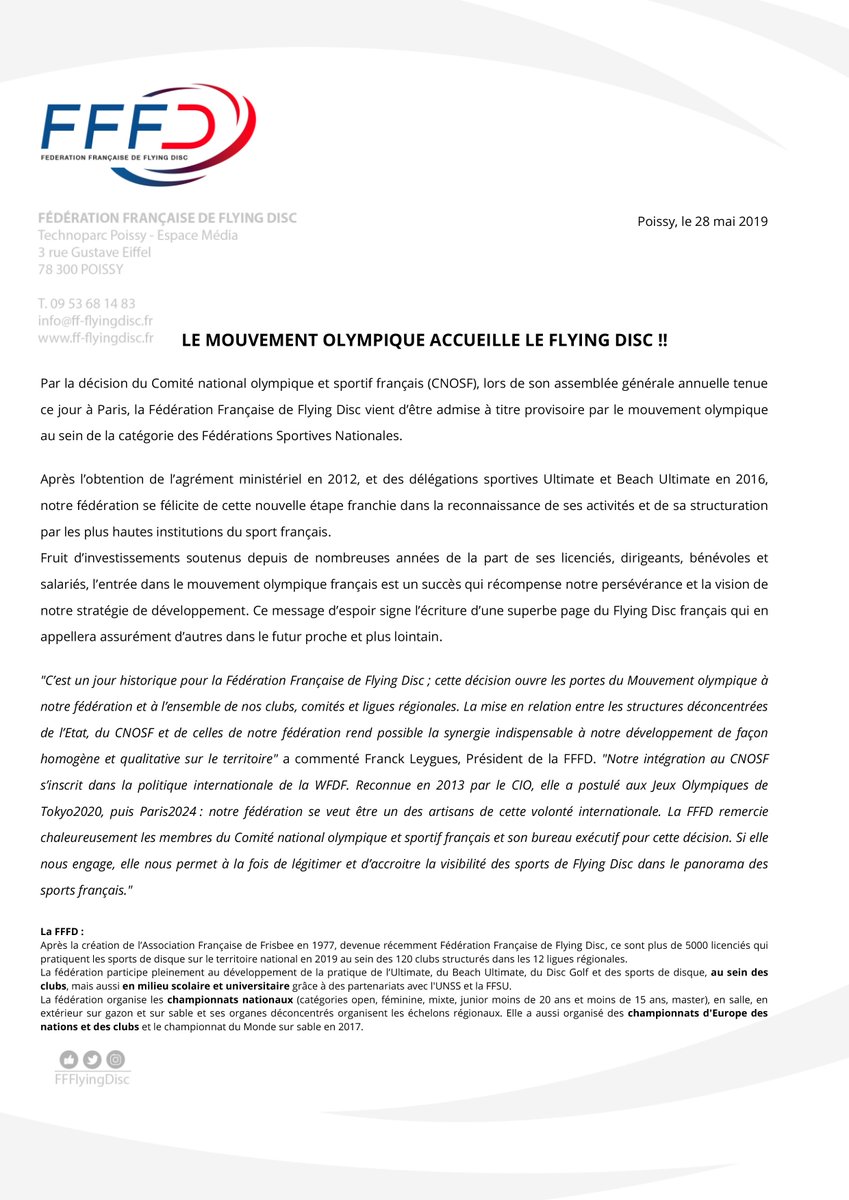 FFFlyingDisc's tweet image. 🇨🇵 Mouvement Olympique 🇨🇵

Aujourd'hui, lors de son assemblée générale le Comité nationale et sportif français (@FranceOlympique ) a admis la Fédération Française de Flying Disc !

#FranceUltimate #FranceBeachUltimate #FranceDiscGolf #FranceOlympique #espritbleu #CNOSF