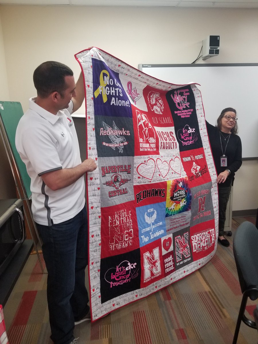 barryredhawk's tweet photo. Naperville Central is lucky to have Dee Dee Vos who is the heart of our department.  Thank you for everything you do.  Adam Freed organized the making of the quilt of shirts from all of us in Comm Arts.  @NCHSOFFICIAL https://t.co/pLQrVteXTM