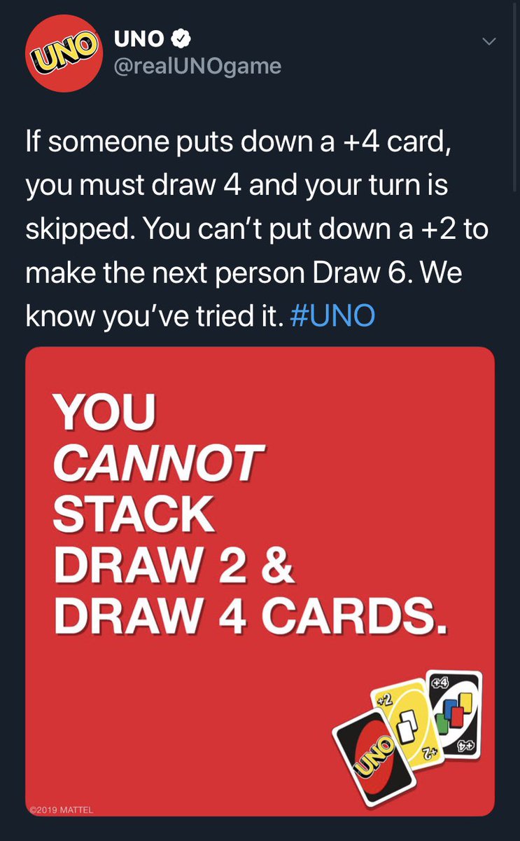 kgammm's tweet photo. I’m convinced that the person running the @realUNOgame twitter account is a 9 year old kid that’s bitter that he’s losing with 32 cards in his hand. https://t.co/cMEtiObkZ7