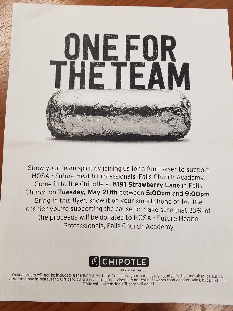 Tonight - Tuesday, May 28 from 5-9pm at the Mosaic Chipotle come enjoy a good meal and help support HOSA at Falls Church Academy!  Don't forget to show the flyer on this post for HOSA to receive 33%of the proceeds. Thank you in advance! <a href="/FCPSR2/">FCPS Region 2</a> <a href="/FchsLeadership/">FCHS Leadership</a> <a href="/HOSAfallschurch/">HOSA Falls Church Academy</a>