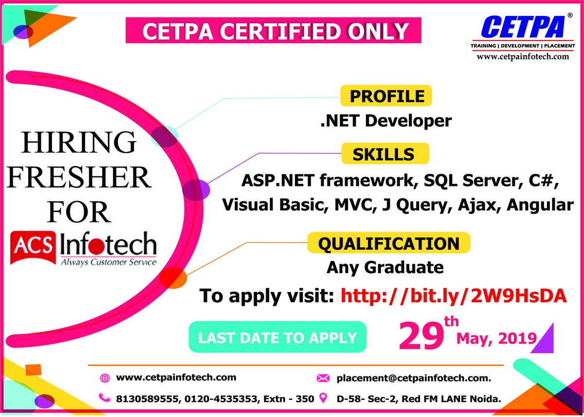 cetpainfo's tweet image. Excellent opportunity for B.TECH/BE  /MCA/BCA students~  Company: ACS Infotech Pvt. Ltd  
Profile:- Dot Net Developer  
Apply by clicking at:- bit.ly/2W9HsDA  #Asp.net #Framwork #SqlSever #VisualBasic #MVC #Jquery #Ajax #Angular