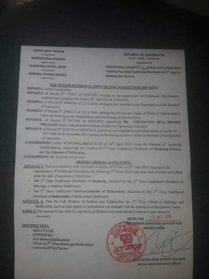 MimiMefoInfo's tweet photo. Breaking News:
Senior Divisional Officer for Ngoketunjia Division creates Fondons for the subsequent  appointment of Fons to head the fondons.

Is this a legal move in the grassfield tradition?
Can such decisions be overturned?

MMI https://t.co/TpDoMQQDZ7