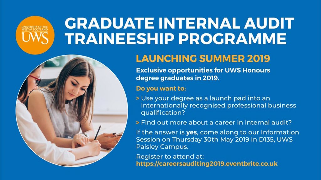 ⭐️ Calling #BAccUWS honours students have you heard about UWS Graduate Internal Audit Traineeship Programme?

Sign up - Information Session - Thursday 30th May 2019 at Paisley Campus (D135)⬇️

eventbrite.co.uk/e/information-…

@UWSBusEnt <a href="/UWSAccounting/">UWSAccountingSociety</a> <a href="/CareersUWS/">UWS Careers Team</a>