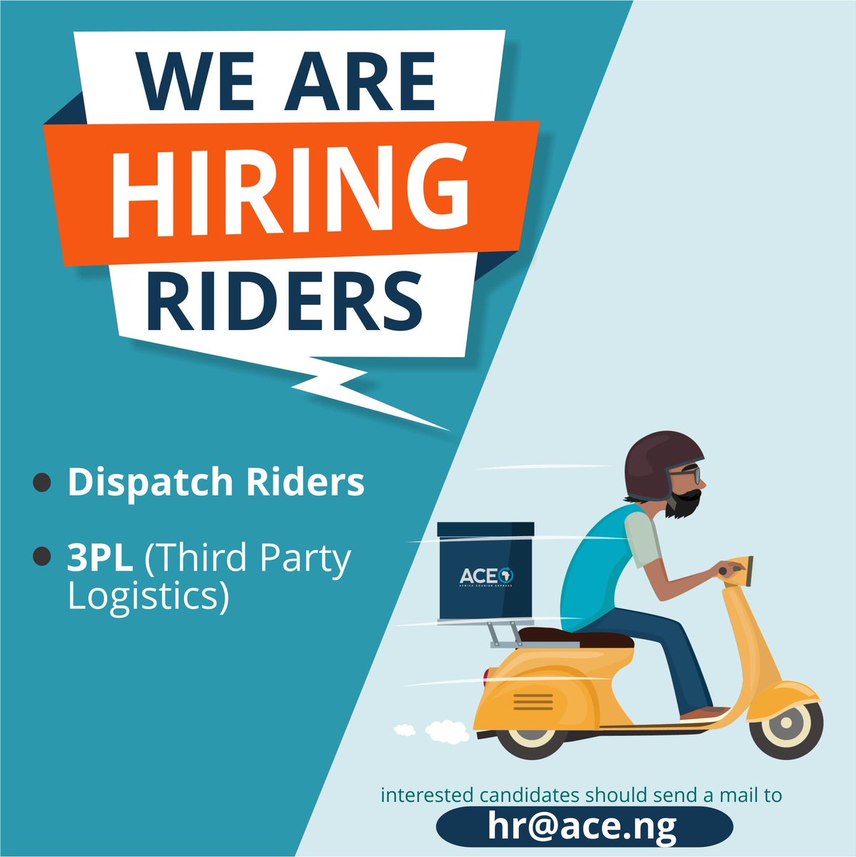 Acedotafrica's tweet photo. ACE is hiring riders. Join our successful team of riders by sending an email to hr@ace.ng
#ACELgistics #Acedelivers #hiring #3PL #Dispatchriders #delivery #supplychain https://t.co/vX58zU6Woo