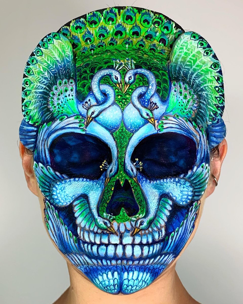 This is #makeup 🦚 my homage to Tino Rodriguez artist in a recreation of his beautiful painting, translated as a 3D makeup on myself. #skull #skullmakeup #creativemakeup #instadaily