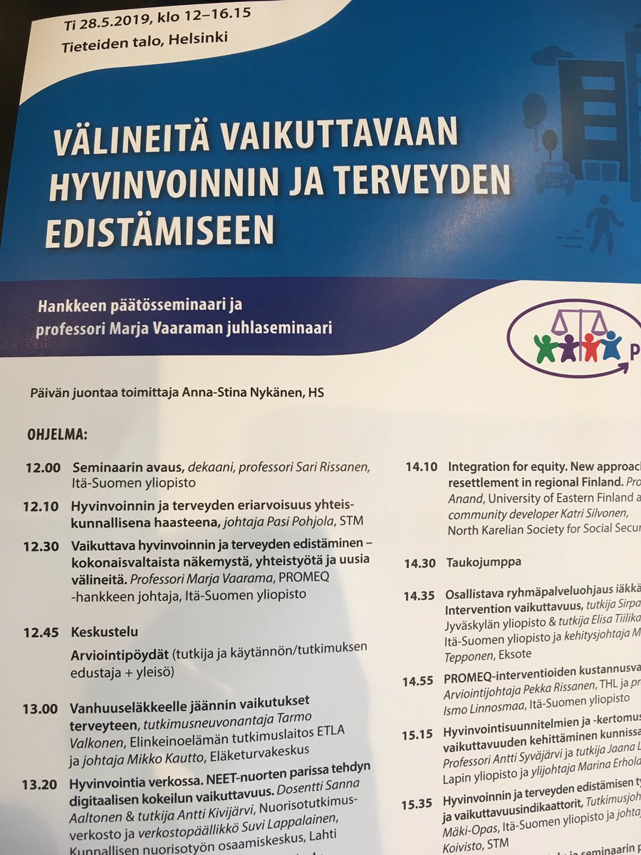 Maria_Salenius's tweet photo. Nyt on kyllä huippukiinnostava iltapäivä edessä #promeq’n toimesta Tieteiden talolla. Miten kehittää hyvinvointikertomusten vaikuttavuutta? @Kuntaliitto mukana. https://t.co/WJYW8r3SB1