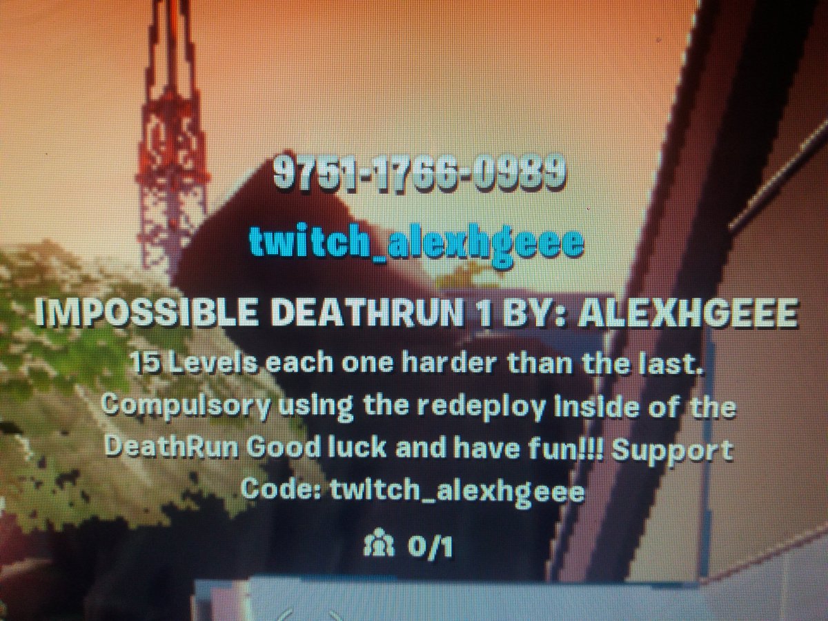 Nuestro jugador Twitch_Alexhgeee os invita a intentar pasaros este parkour es muy difícil sólo 3 personas lo han logrado🏆.

Si lo os lo pasáis no dudéis en enviar una foto🔥❤
@Fortnite_FA_  <a href="/AyudaJugador/">Ayuda Jugador</a> @GAMES_RT7