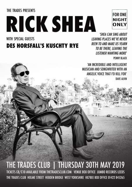 Coming up this week! 

#ForOneNightOnly

Thursday 30th May, we are supporting the incredible Rick Shea, at <a href="/thetradesclub/">The Trades Club</a> 

More info and tickets thetradesclub.com/events/rick-sh…

<a href="/Yorkshire_Gigs/">Yorkshire Gigs</a> <a href="/HalifaxEventsWY/">Halifax Events WY</a> @Hebden_Diary <a href="/Deshorsfall/">Des Horsfall</a>
