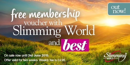 SlimmingWorld's tweet photo. Take the first steps on your #weightloss journey by picking up a copy of @BestMagOfficial (out today) - inside you’ll find a voucher for free membership of any #SlimmingWorld  group. ✨ https://t.co/BG4AP4i7Hk