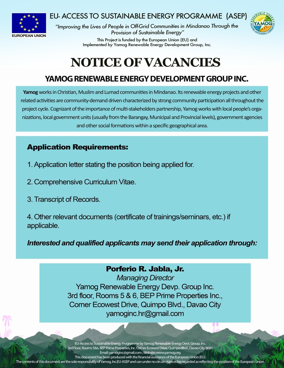 YamogI's tweet photo. NOTICE OF VACANCIES!
Yamog Renewable Energy Development Group, Inc. is looking for competent, hardworking and noble individuals who are willing to take the challenge in transforming and developing the lives of our brothers and sisters in Mindanao, particularly, in off-grid areas. https://t.co/95mqU58tTp