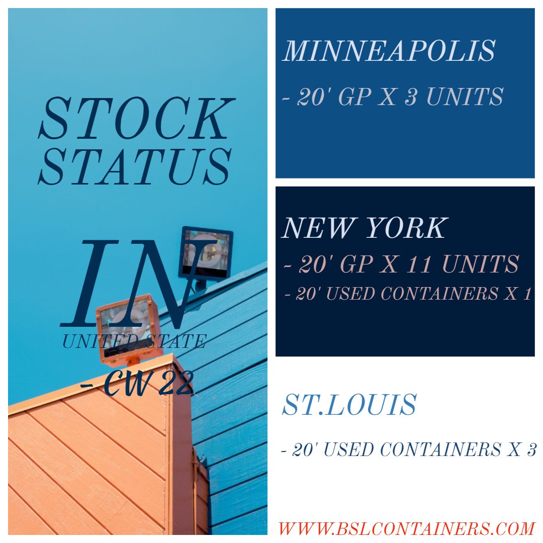 bslcontainers's tweet image. Check our container stocks in US for CW 22.
Contact us for a quote @ bslcontainers.com TODAY.
#bslcontainers #bsl #ISOcontainers #containerhome #shippingcontainers #onsale #sale #stock
