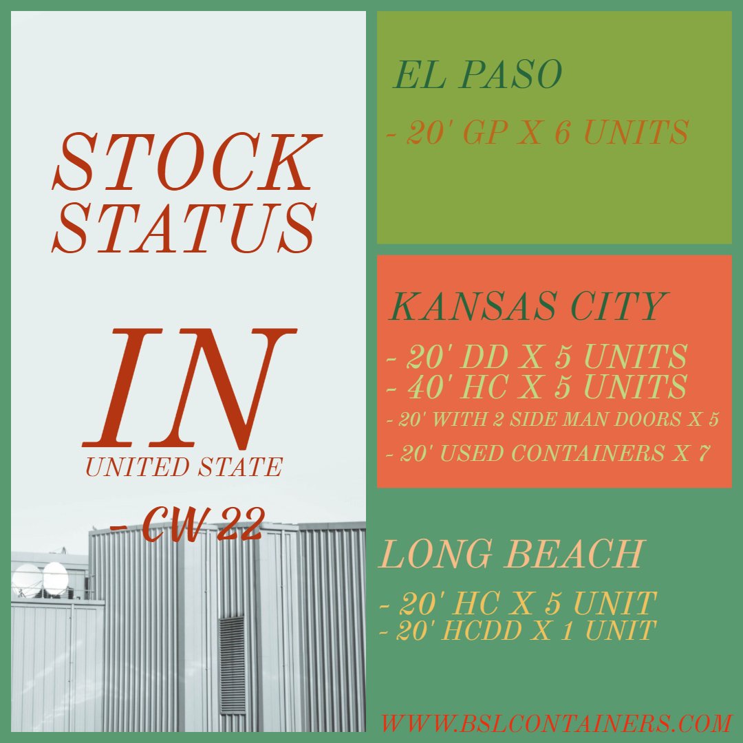 bslcontainers's tweet image. Check our container stocks in US for CW 22.
Contact us for a quote @ bslcontainers.com TODAY.
#bslcontainers #bsl #ISOcontainers #containerhome #shippingcontainers #onsale #sale #stock