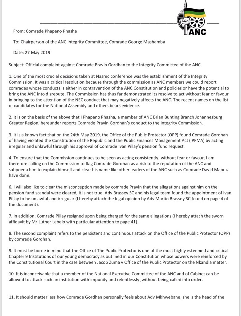 AdvoBarryRoux's tweet photo. Official complaint against Pravin Gordhan to the Integrity Committee Of The ANC https://t.co/Ao4Nh5T8pY
