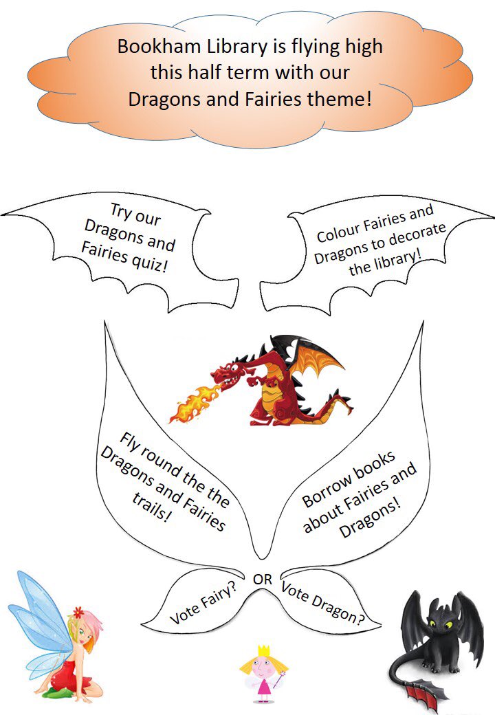 BookhamLibrary's tweet photo. Don’t forget there are Dragon and Fairy activities at the library this half term. If you can answer all our quiz questions your name will go into a prize draw for some great prizes! https://t.co/ORt6Rc1sTu