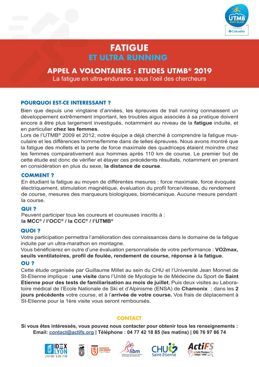 Amis Traileurs <a href="/UTMBMontBlanc/">HOKA UTMB® Mont-Blanc</a> : appel à volontaires pour 1 étude menée par Guillaume Millet visant à étudier les différences hommes/femmes sur la fatigue induite par 1 ultra-marathon en montagne. Vous êtes intéressé(e)s n'hésitez pas à nous contacter : contact@actifs.org 👇👇