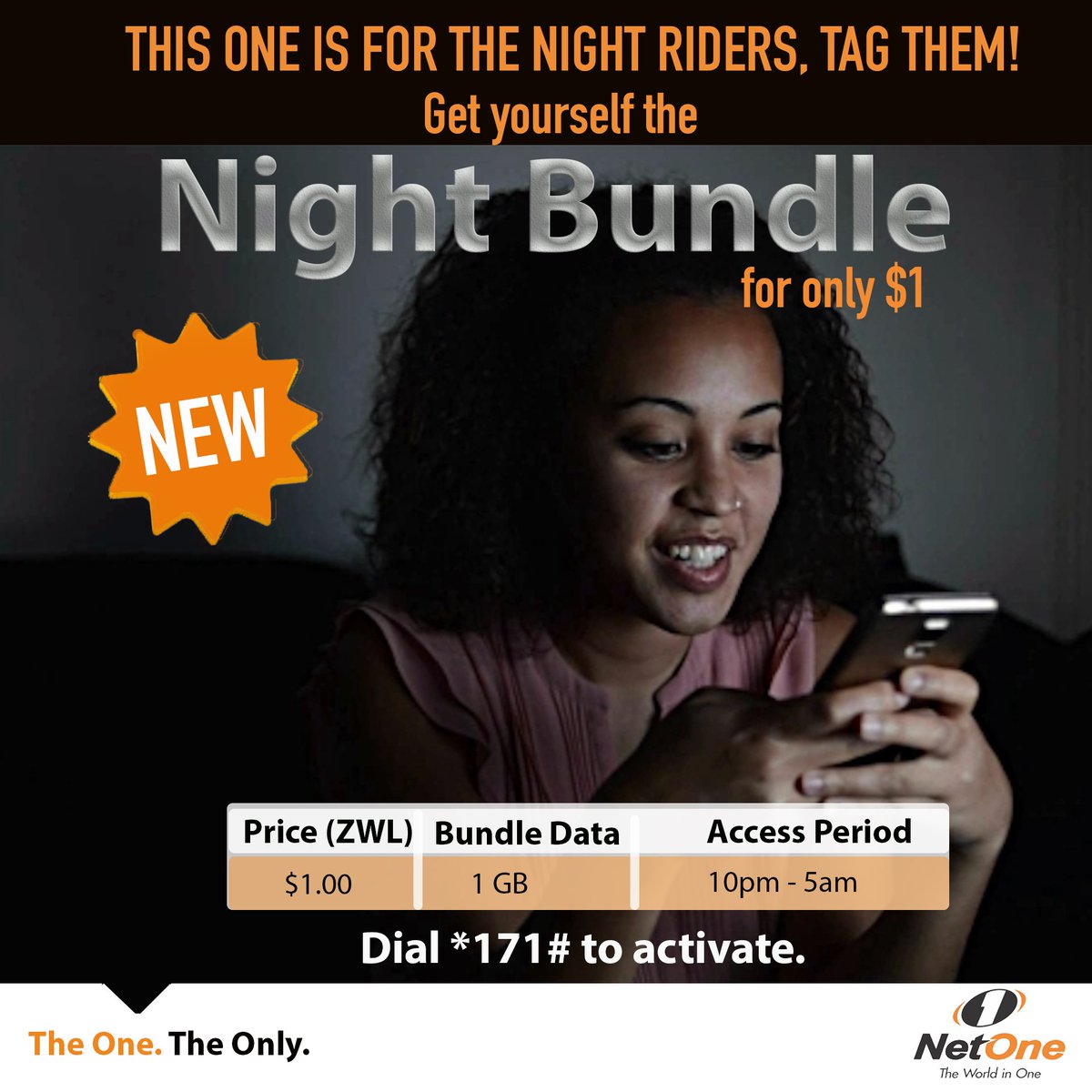 NetOneCellular's tweet photo. Where the night riders at? Tag them!

Get yourself the NEW night bundle from NetOne and stay surfing, chatting, playing and downloading all night long!

Dial *171# now https://t.co/kcUrnjVo64