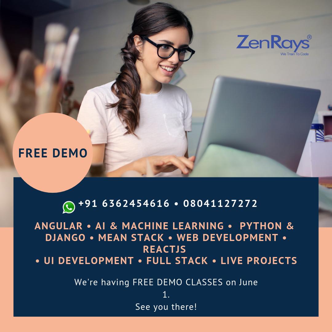 Zenrays's tweet photo. Free Demo Sessions π 01 June, 2019.
NO NEED TO SIGN UP! Just Call/ WhatsApp +91 6362454616 || 080-41127272 to attend free demo (Online / Classroom)
#wetraintocode #Coding #softwaredevelopment #Programming #Bangalore #India #TuesdayThoughts #TuesdayMotivation #Tuesday https://t.co/UUwT1xvrjH