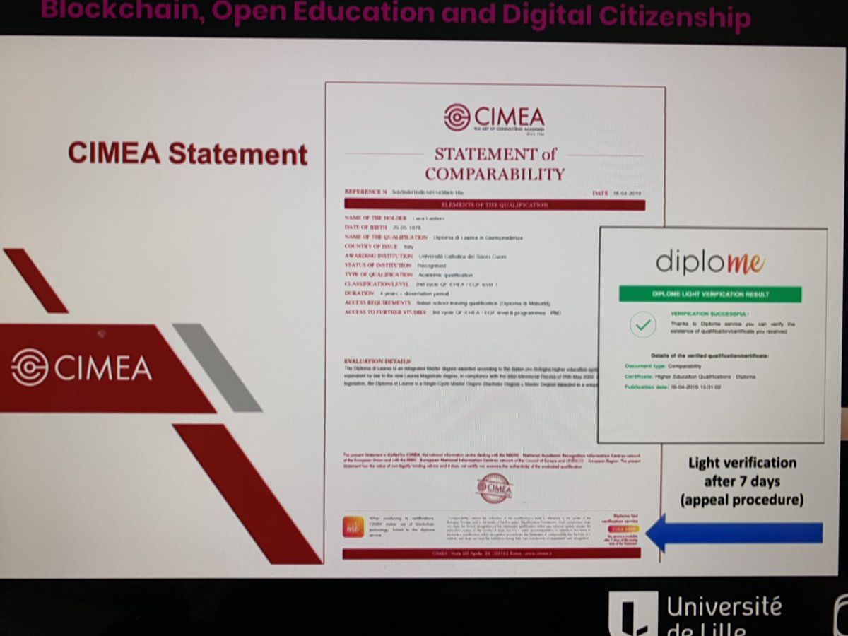 CIMEA_Naric's tweet image. With @diplo_me @CIMEA_Naric will register Statement of #Comparability and Statement of #Verification directly on #blockchain. 3 secure ways to verify credentials. #Lille #blockchain4people #BlockchainEducation #blockchaineducationfrance #SmartContracts #Diplome #HigherEducation