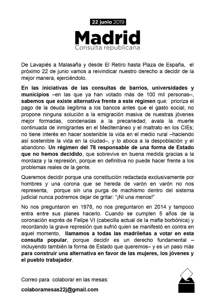 Madrid22j's tweet photo. No nos preguntaron en 1978, no nos preguntaron en 2014 y tampoco entra en sus planes hacerlo. Cuando se cumple 5 años de la coronación de Felipe VI en Madrid decimos basta y vamos a preguntar a las Madrileñas por la forma de Estado.
Ahora es cuando Madrid Vota de verdad. https://t.co/Gsno8zthle