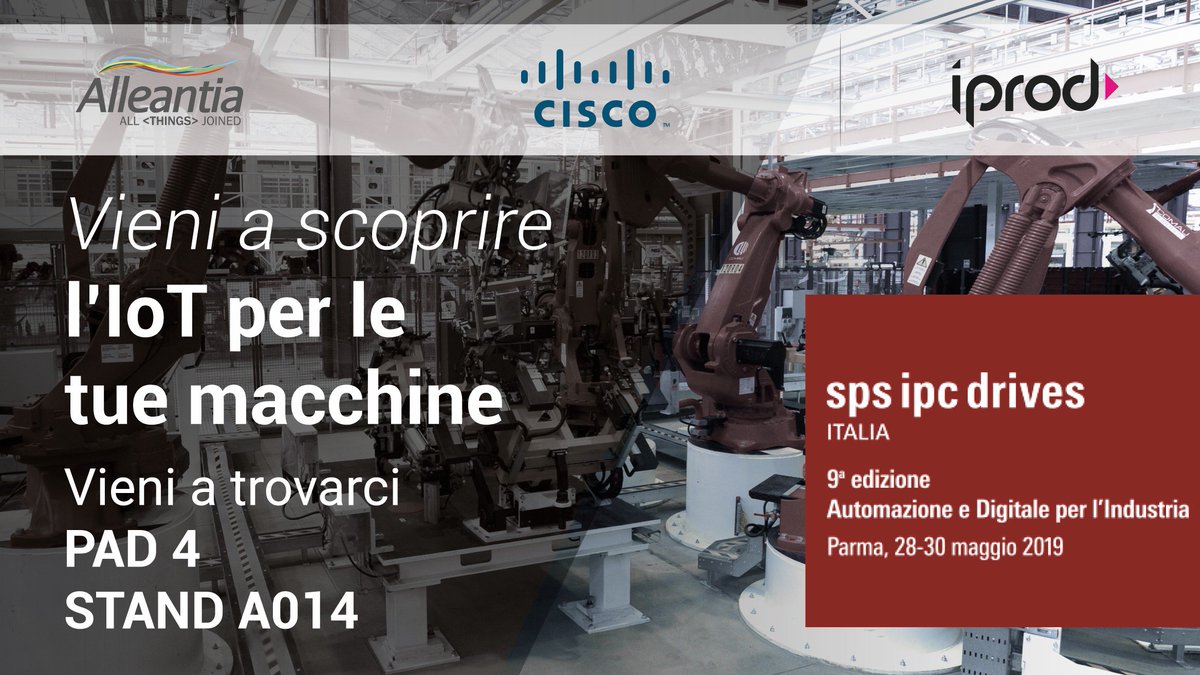 Alleantiasrl's tweet photo. Rendere le tue macchine più competitive è facile e veloce grazie alla tecnologia di @Alleantiasrl ! Siamo a @spsitalia fino al 30 maggio insieme a @CiscoItalia e #iProd per mostrarti come l’#IoT può rendere il tuo business sempre più competitivo. Passa dal nostro stand A014 Pad 4 https://t.co/i5cRTvRSn6