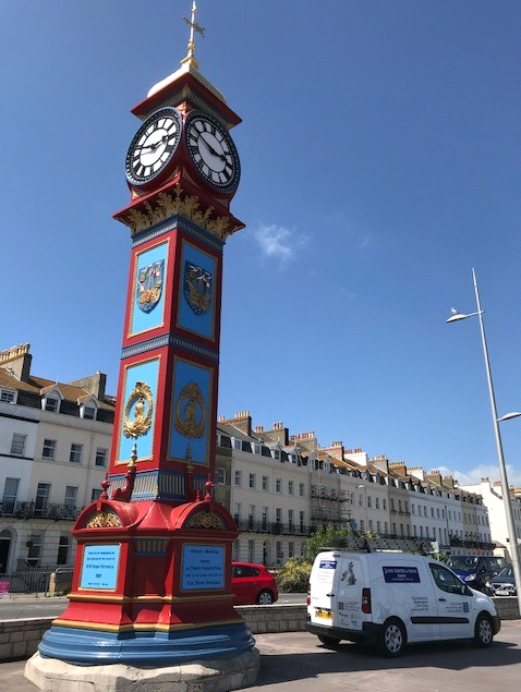 SmithofDerby's tweet image. The annual service of the Esplanade Jubilee Clock on Weymoth promenade was completed on Friday. The clock has a rich history, including being a focul point of the 2012 Olympic sailing! #publictime