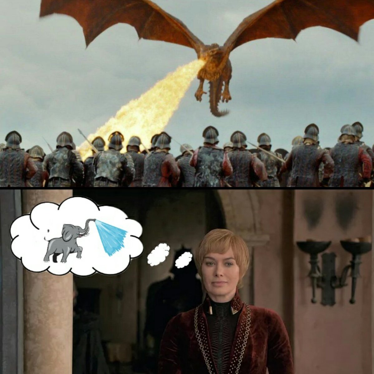 gainesproject's tweet photo. It was the perfect plan. #got #GameOfThrones #HBO #CerseiLannister #Drogon #elephants #thebells https://t.co/K6bekvr45k