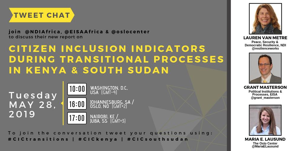EISAfrica's tweet photo. Join Lauren van Metre (@resilienceworks) from @ndiafrica , Maria E Lausund (@MariaELausand) from the @oslocenter &amp; our very own Grant Masterson (@Grant_Masterson) as they discuss their new report, "Transitional Processes and Citizen Inclusion in Kenya &amp; South Sudan". https://t.co/DgLbnBOcMo