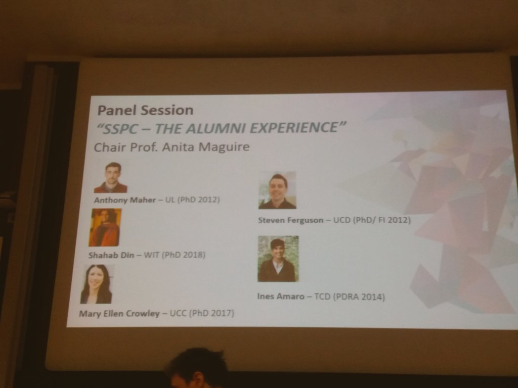 Reflecting back: The SSPC Alumni Experience, chaired by @anita_maguire @UCC. Thanks Anthony Maher, Shahab Din, Mary Ellen Crowley, Steven Ferguson & Ines Amaro @scienceirel #industryplacement #lookingbackmovingforward