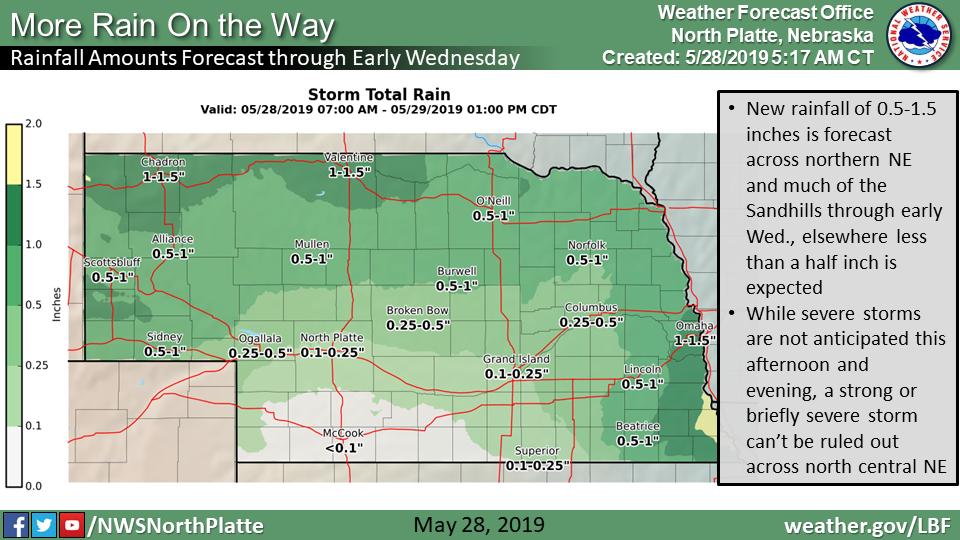 NWSNorthPlatte's tweet photo. Unsettled conditions will continue through Wed. New rainfall of 0.5-1.5 inches is forecast across northern NE and much of the Sandhills through early Wed. While severe storms are not anticipated today, a strong or briefly severe storm can’t be ruled out across north central NE. https://t.co/t3Sz4YLjo2