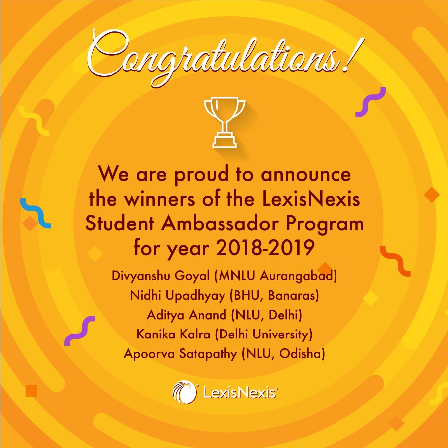 LexisNexisIndia's tweet image. Congratulations to the winners of #LexisNexis Student Ambassador Program 2018-2019.
#lexisnexisindia #studentambassadorprogram #lawschool #lawstudent #law #legal #legalresearch
