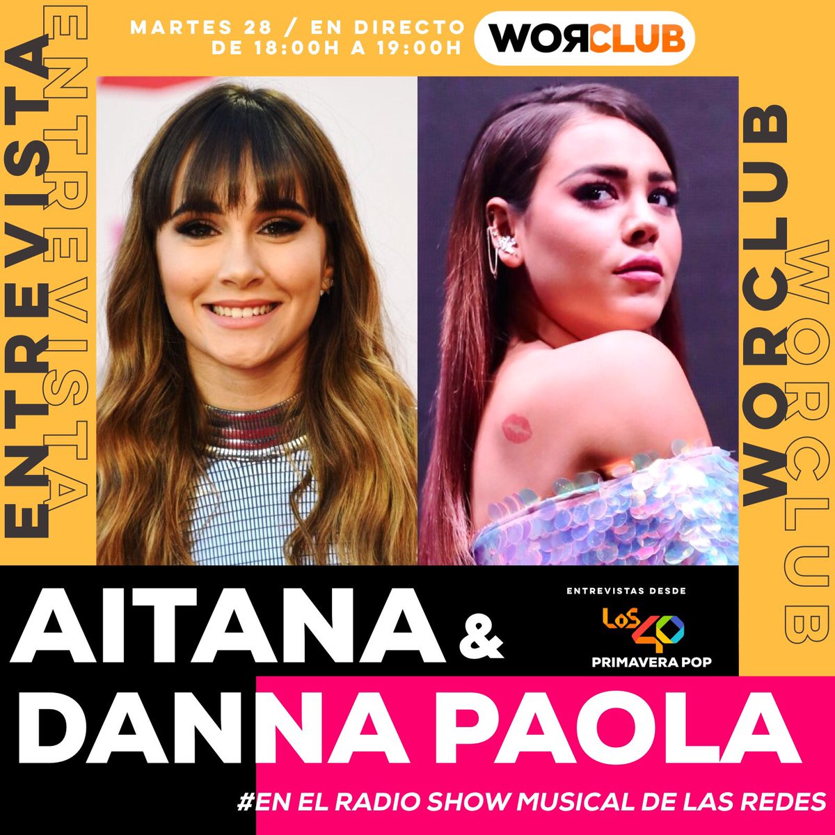 WorclubES's tweet photo. Esta tarde el radio show musical de las redes EN DIRECTO, de 18:00h a 19:00h🔥 en Periscope y Youtube Live🔴 

CON las entrevistas a @Aitanax y @dannapaola desde el #PrimaveraPop de @los40spain 🎙🎶

Y de 20h a 21h la repetición en el 99.2FM desde Barcelona ciudad📻 https://t.co/WPL4wL5tk4