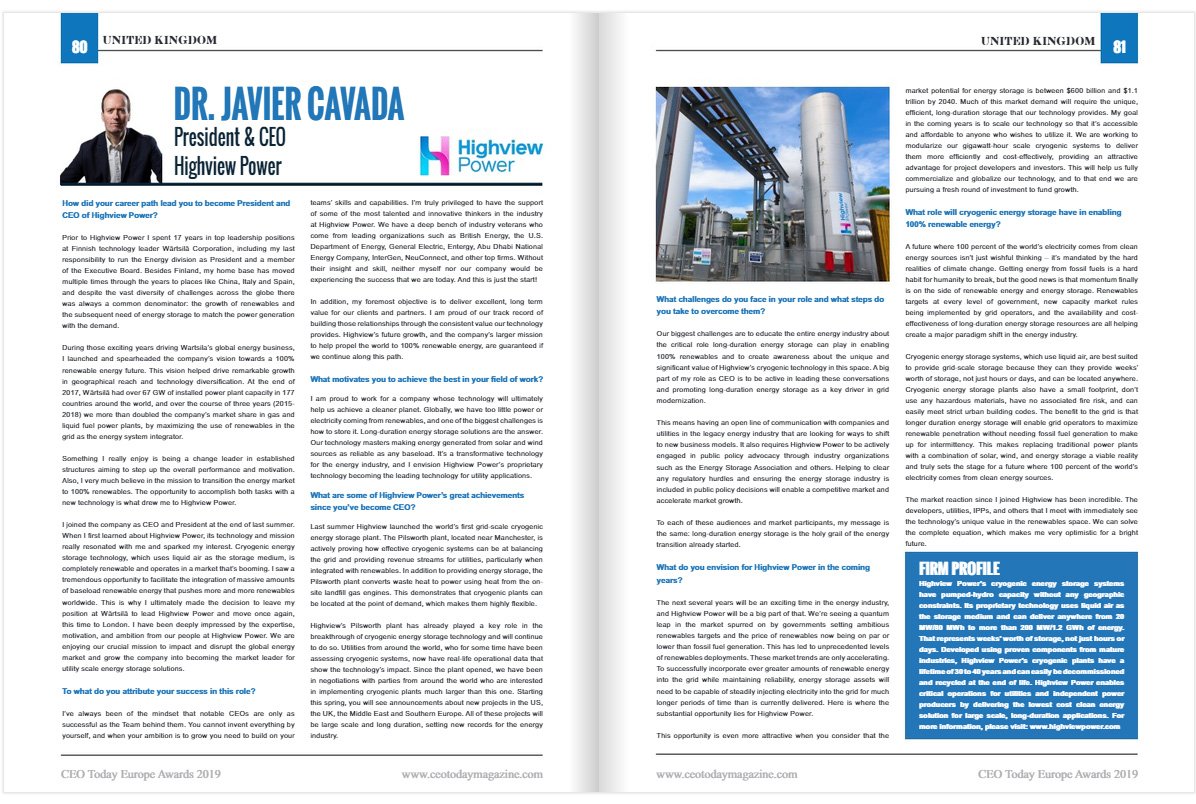 📸Hoy queremos felicitar a @CaminoCavada , Premio al Ejecutivo del Año 2019 en Europa por <a href="/ceotodaymag/">CEO Today</a> . Cavada es miembro del programa ‘Alumni’-Distinguidos de <a href="/unican/">Universidad de Cantabria</a>, doctor en Ingeniería Industrial por la UC, con mención internacional y Cum Laude y CEO de <a href="/HighviewPower/">Highview</a>