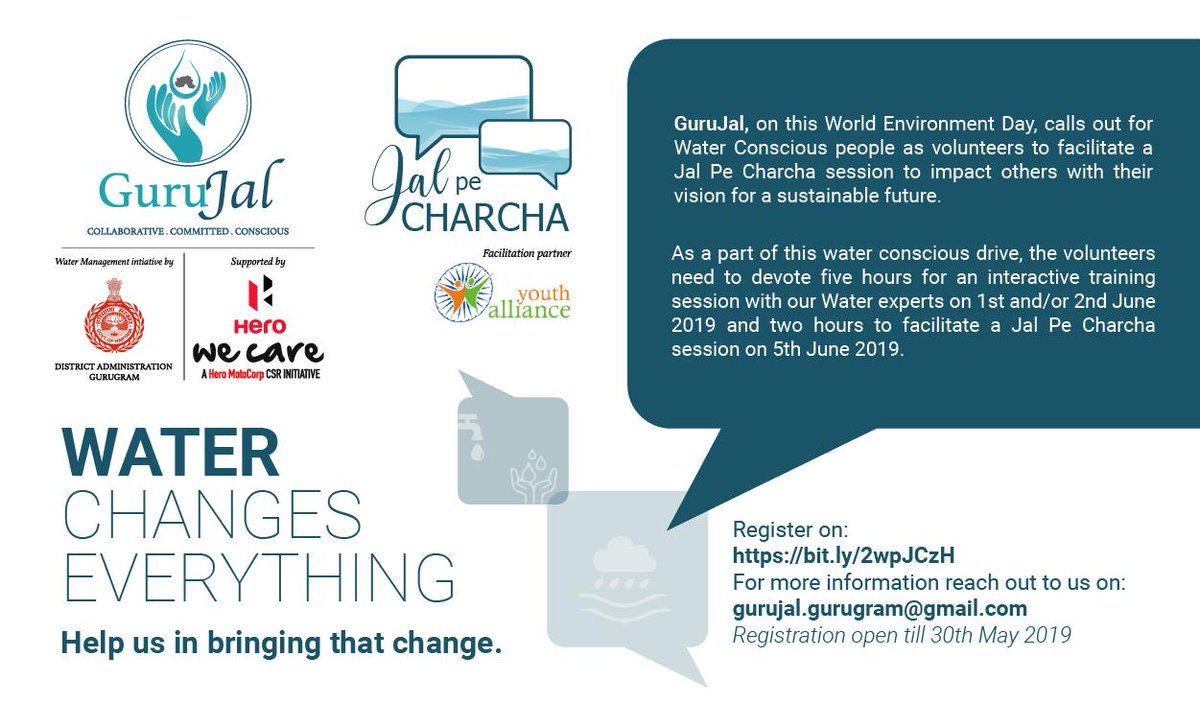 <a href="/GuruJalGurugram/">GuruJal</a> is hosting a "Jal Pe Charcha" on June 5th ie the World Environment Day to create awareness on the water crisis. Join us in creating an impact with your vision for a #WaterConscious city. Register here bit.ly/2wpJCzH to volunteer with us
<a href="/DC_Gurugram/">DC Gurugram</a>