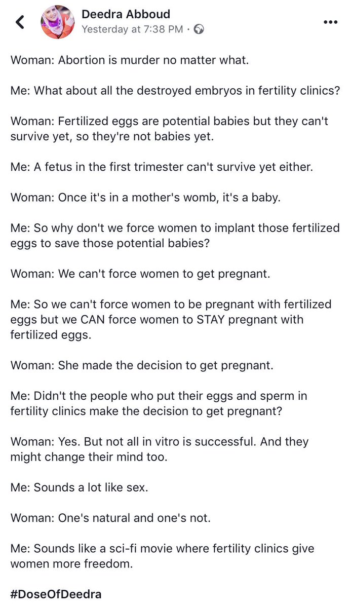 d_sability's tweet photo. @DeedraNotion is a #fakeally who has clearly never talked to a person who attempted #IVF We’re told we’re #murdering #embryos constantly. Don’t use #disabled people as a #tool.#Talk to us.#Listen to our #livedexperiences.Here’s part of her #Facebook post.#embryo #disabilities https://t.co/AwwiT0oBvb