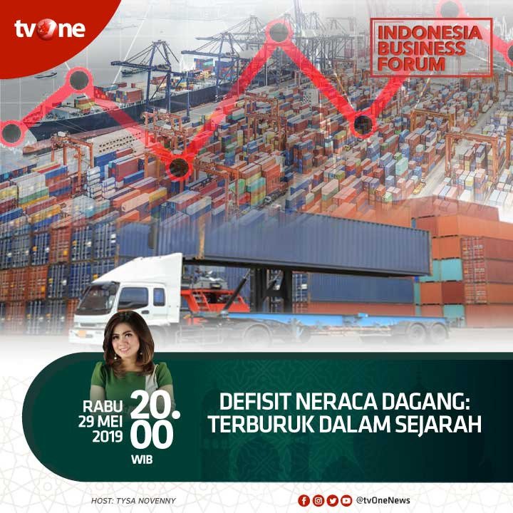 tvOneNews's tweet photo. Defisit neraca perdagangan Indonesia pada bulan april membengkak mencapai USD 2,5 miliar, terburuk dalam sejarah Indonesia. Pertumbuhan ekonomi kuartal 1 2019 tercatat dibawah harapan. Mampukah Pemerintah mengatasinya? Ikuti @IBFtvOne Rabu 29 Mei, jam 20.00 WIB di tvOne
#IBFtvOne https://t.co/rj0hafFngm