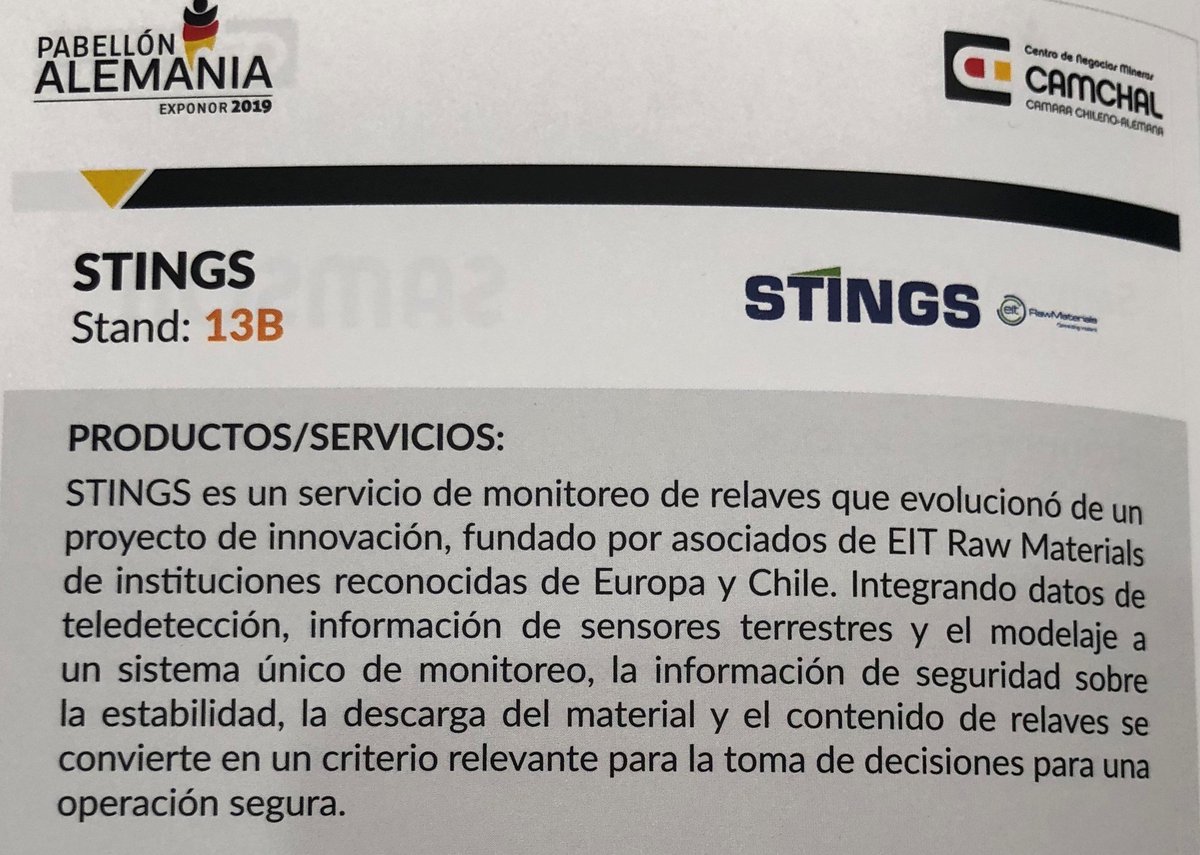 DmtMonitoring's tweet photo. Everything set for @EXPONOR_2019 - take a look at our comprehensive mine tailing monitoring services - Stand 13B, German Pavilion organized and supported by @CAMCHAL , Cámara Chileno-Alemana de Comercio e Industria.

May 27th - 30th, 2019, Antofagasta - Chile https://t.co/nIfX4us3zV