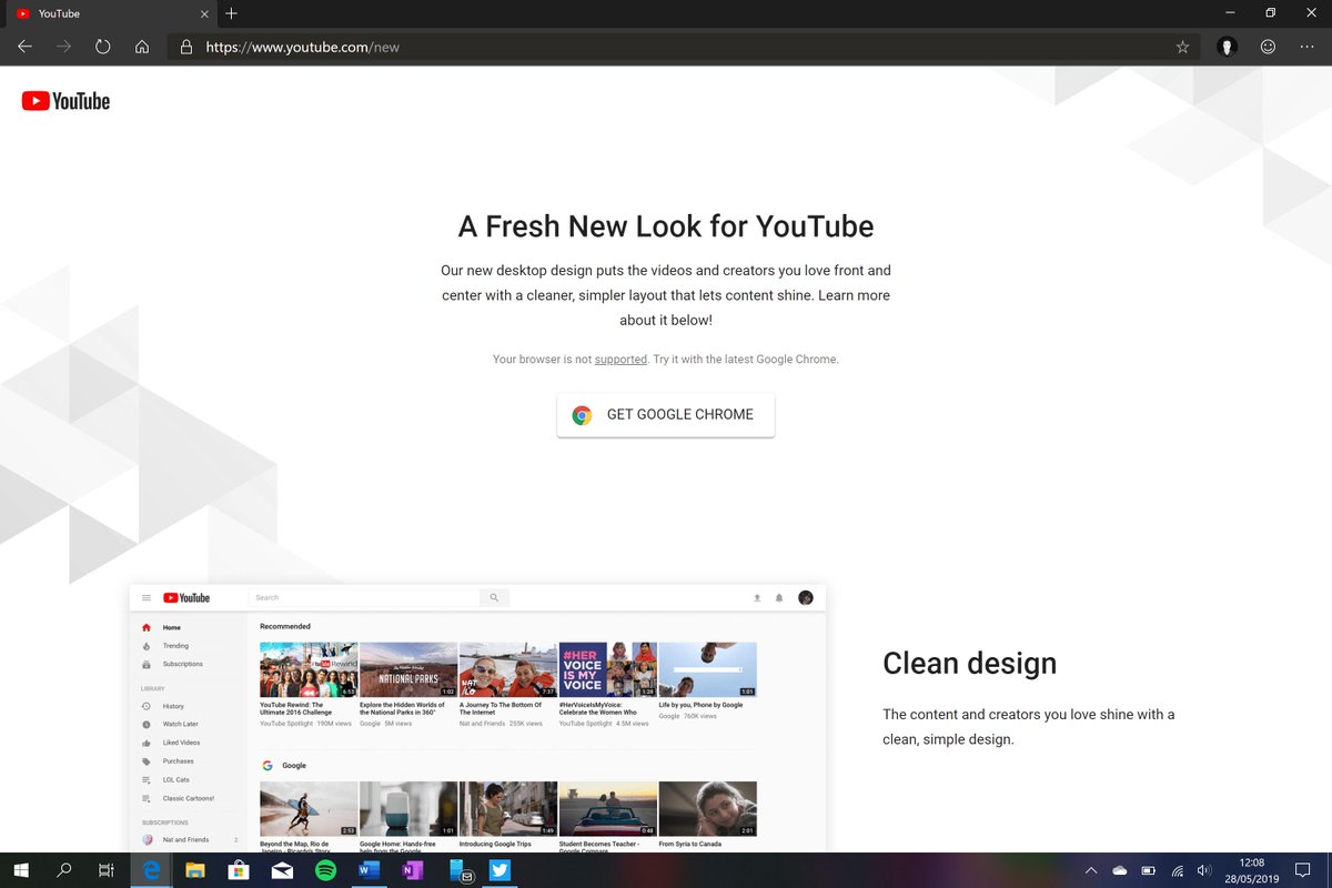 zacbowden's tweet image. Great. YouTube now no longer works with the new Edge. You get this message, asking you to download Chrome, or you have to revert to the old YouTube design.