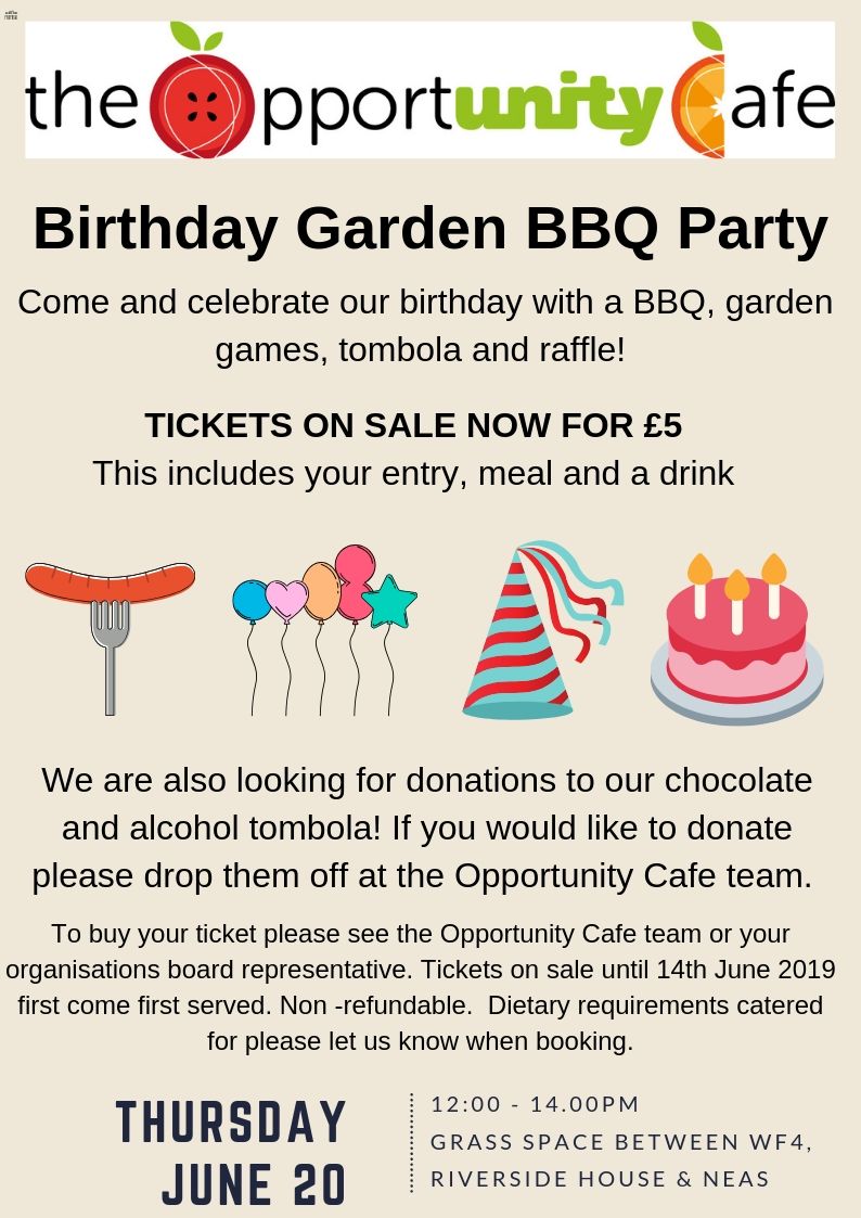 theoppcafe's tweet photo. Can you believe @theoppcafe is about to turn 2!! To celebrate we are having a BIRTHDAY BBQ all details below in the flyer! Come &amp; see our wonderful cafe team to buy your ticket!! @HEE_NEast @NHSnecs @NHSProperty @NHSngccg @PHE_NorthEast @NHSImprovement @NHSEnglandNorth #paidjob https://t.co/LLlHf3smZD