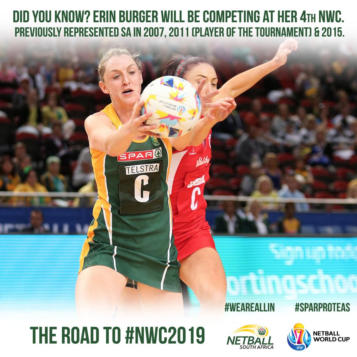 Netball_SA's tweet photo. #TriviaTuesday 
2019's @NetballWorldCup in Liverpool will be @ErinBurger's 4️⃣th NWC 🏆 
2007: Auckland 🇳🇿
2011: Singapore 🇸🇬 (Player of the Tournament)
2015: Sydney 🇦🇺
2019: Liverpool 🏴󠁧󠁢󠁥󠁮󠁧󠁿

#SPARProteas #NWC2019 #WeAreAllIn https://t.co/Kcxp6QqpCx