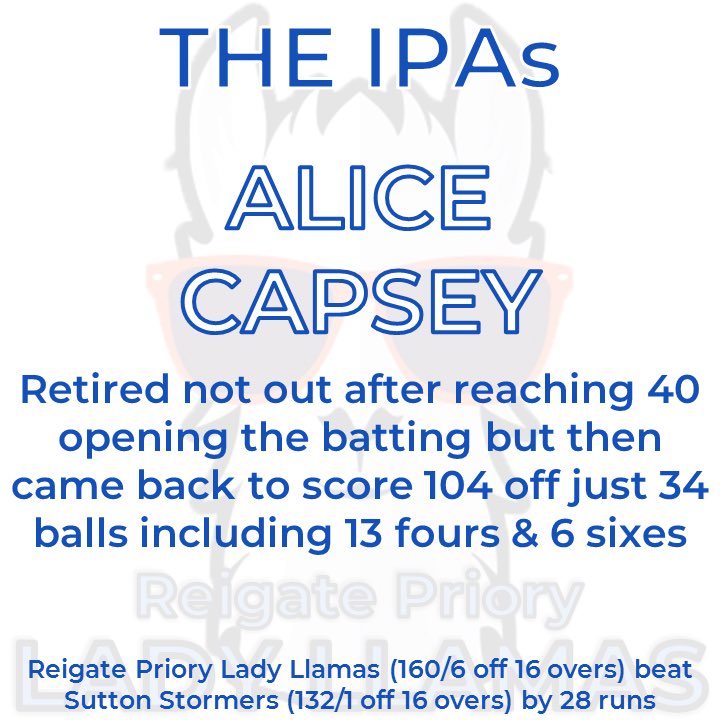 IPA WINNER

After a fantastic 156 votes for the 1st Round, we can now confirm that, with 54% of the vote, Alice Capsey of <a href="/RpccLadyLlamas/">Lady Llamas</a> takes the £50 prize courtesy of our partner @TeddSportsLtd 

Congratulations to a promising young cricketer for a fantastic century 👏🏻🏏💥
