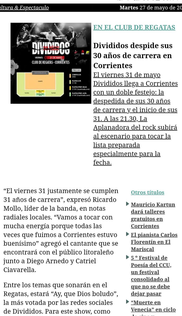 En 4 días llega <a href="/DivididosOK/">Divididos</a> a #Corrientes 
en <a href="/DiarioMomarandu/">Momarandu.com</a> toda la data¡!
Conseguí tus entradas 
➡️Campo $950
➡️Plateas s/n $1100
➡️Platea preferencial $1500 (estas ubicaciones solo por <a href="/tuentrada/">TuEntrada.com</a>)
📣Las entradas con fecha del 01 de junio son válidas