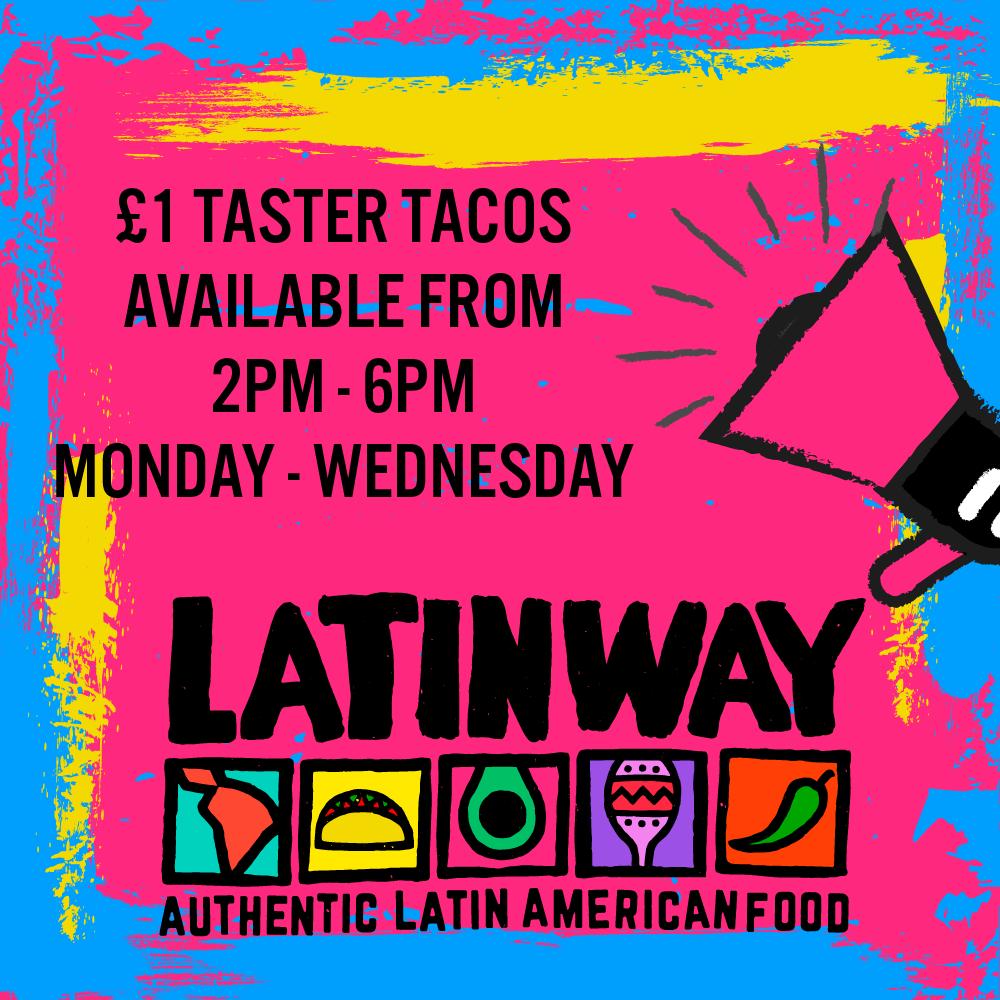 🌮 Our £1 TASTER TACOS are available on Mondays, Tuesdays and Wednesdays from 2pm to 6pm. This includes ANY filling and any sauce with onion pickle on the top 👏
