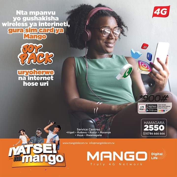 4GusersinRwanda's tweet image. Nta mpanvu yo gushakisha wireless ya interineti, gura sim card ya Mango Joy pack uryoherwe na internet hose uri.

#IyatseNaMango #4GUnlimiteddata #LTEspeed #Smartphone #NoBunddles #FastestInternet #FourthGenerationInternet #MangoTelecom
