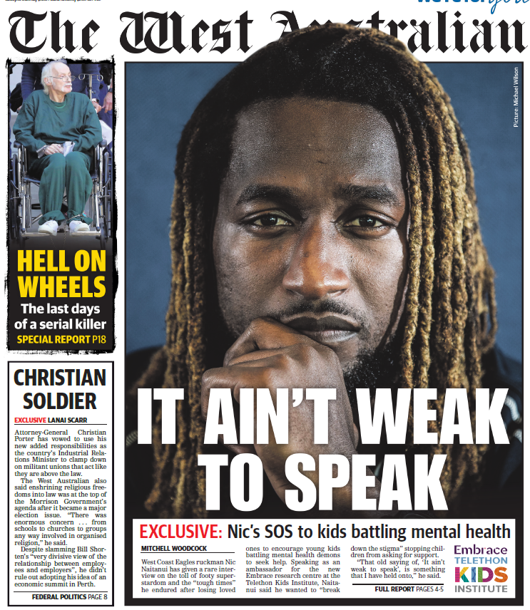 AnthDeCeglie's tweet photo. The front page of tomorrow's The West Australian #telethonkids #supportembrace https://t.co/xGo29hhA3N