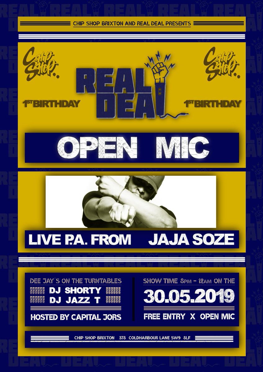 CapJors's tweet photo. This Thursday aggomud!! REALDEAL Open mic 1st year in action creeping up from the underground. All rap artists welcome jamican, French etc. Should be some magic moments. Venue @ChipShopBXTN host @CapJors team @LogicArmy and more. headline @jajapdc
Music starts 7 till late. https://t.co/KSM7c27hny