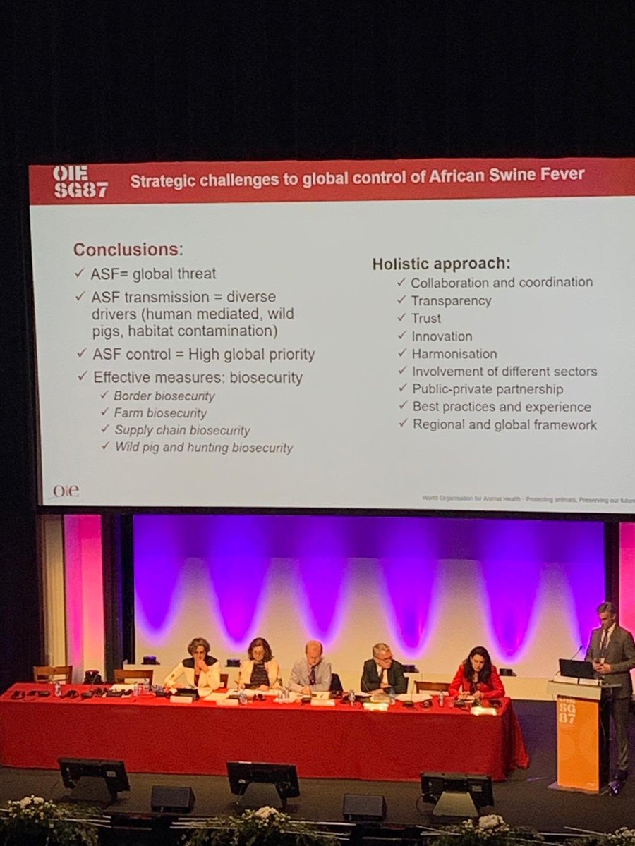 HinderNicola's tweet photo. Developing global animal health outcomes: #OIE87SG and @FAO have recommended developing a 🌎 strategy to control African Swine Fever, a devastating disease of 🐷 and a profound risk to world food security. 🇦🇺 keen to engage - animal diseases may affect more than just animals. https://t.co/AASnk7dbh6
