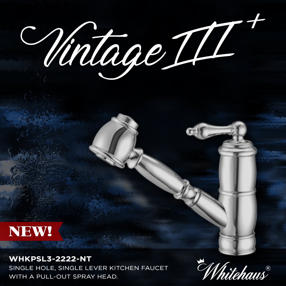 NEW Vintage III Plus kitchen faucet WHKPSL3-2222-NT from <a href="/WhitehausC/">Whitehaus Collection</a> 
This beautifully designed solid brass single hole, single lever kitchen faucet has a swivel spout with a pull-out spray head with stream &amp; spray settings. Available in five finishes.
whitehauscollection.com/product/whkpsl…